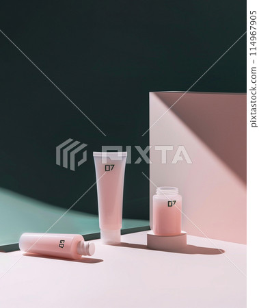 Product photography two pink skincare lotion and cream 114967905