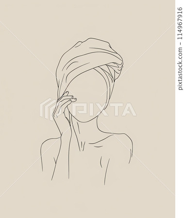 Skincare illustration. Woman with her hair wrapped in an orange towel applying face cream Skincare illustration. Woman with her hair wrapped in an orange towel applying face cream 114967916
