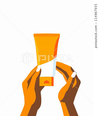 Illustration of a hand holding an unbranded yellow skin care product. Mock up 114967935