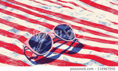Retro pair of sunglasses on red and white striped beach towel 114967950