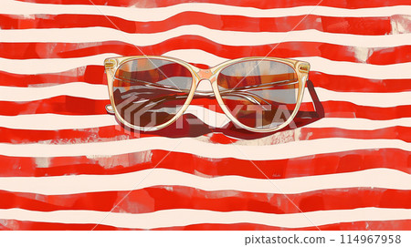 Retro pair of sunglasses on red and white striped beach towel Retro pair of sunglasses on red and white striped beach towel 114967958