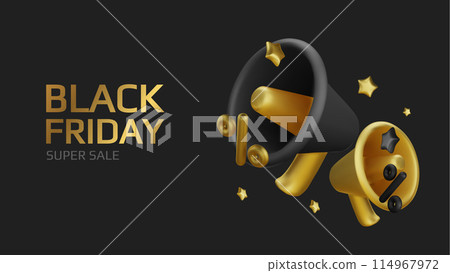 Black Friday super sale. Promo background with realistic 3d cartoon style elements, black megaphone, percent symbols. Promotion banner, web poster. vector illustration 114967972