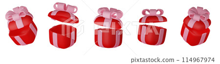 3d gift boxes set with gold ribbon bow isolated on a white background. 3d render flying modern holiday closed surprise box. Realistic vector icon for present, birthday banners 114967974