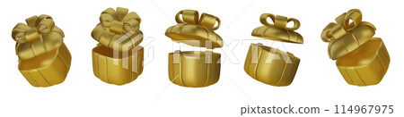 3d gift boxes set with gold ribbon bow isolated on a white background. 3d render flying modern holiday closed surprise box. Realistic vector icon for present, birthday banners 3d gift boxes set with gold ribbon bow isolated on a white background. 3d render flying modern holiday closed surprise box. Realistic vector icon for present, birthday banners 114967975