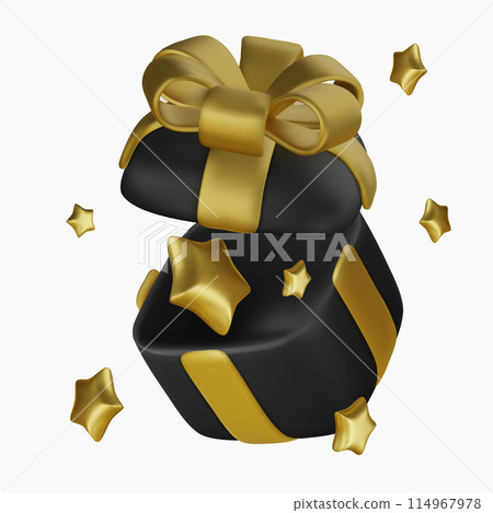 3d vector cartoon render floating black present gift closed box with gold star. Celebration, anniversary, greeting festive present surprise decoration element. 114967978