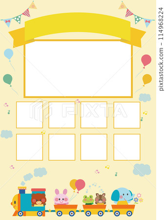 Nursery school, kindergarten, elementary school_photo template material_animal and train illustration yellow ribbon Nursery school, kindergarten, elementary school_photo template material_animal and train illustration yellow ribbon 114968224