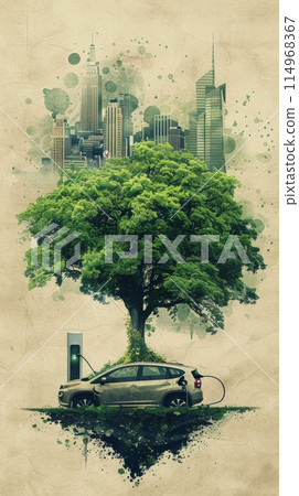 Green tree and charging electric car against backdrop of bustling urban skyline. Harmony in modern urban living and environmental consciousness 114968367