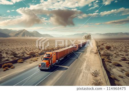 Driving in desert of Australia is road train car train truck transporting cargo AI Generative 114968475