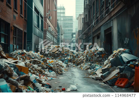 City streets are overflowing with garbage during garbage strike. AI Generative City streets are overflowing with garbage during garbage strike. AI Generative 114968477