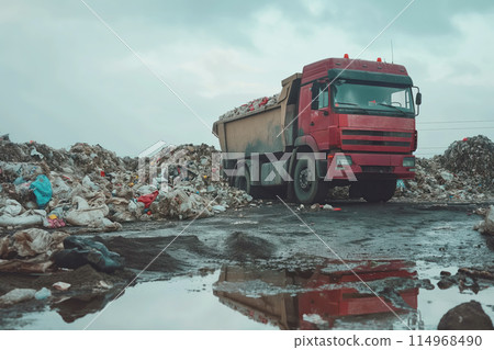 Truck dumps garbage into large pile, which is subsequently collected for recycling AI Generative 114968490