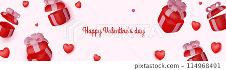 Valentine s day design. Realistic gifts boxes. Open gift box full of decorative festive object. Holiday banner, web poster, flyer, stylish brochure, greeting card, cover. Romantic background 114968491