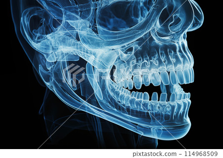 With panoramic x-ray a 3D scan of patient jaw teeth at dentist office AI Generative 114968509