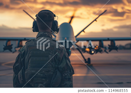 Drones equipped with artificial intelligence are prepared for flight by military operator AI Generative 114968555