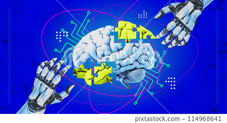 Contemporary art collage. Two robotic hands bring pieces of human brain as puzzle pieces against bright blue background. Contemporary art collage. Two robotic hands bring pieces of human brain as puzzle pieces against bright blue background. 114968641