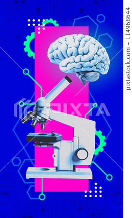 Contemporary art collage. with brain above it connected between each other. Biology and technology 114968644