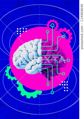 Contemporary art collage. Green circuitry lines connect various points on human brain against vibrant blue background. 114968646