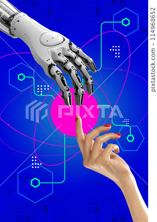 Contemporary art collage. Robotic hand and a human hand reaching towards each other against background with mechanical elements. 114968652