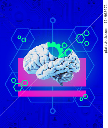 Contemporary art collage. Human brain with mechanical gears against vibrant background with different connections. Contemporary art collage. Human brain with mechanical gears against vibrant background with different connections. 114968671