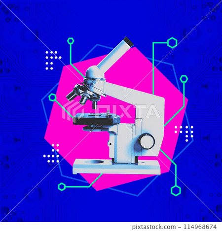 Contemporary art collage. Microscope against vibrant blue background with geometry shapes and connections. Contemporary art collage. Microscope against vibrant blue background with geometry shapes and connections. 114968674