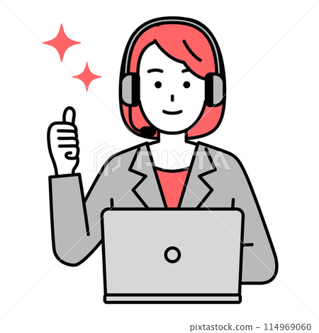 A female operator working on a laptop computer making a good sign A female operator working on a laptop computer making a good sign 114969060