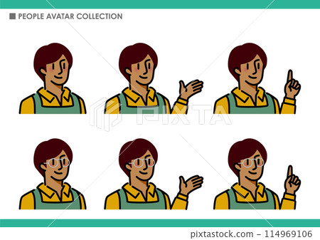 A collection of male poses. Wearing an apron. 114969106