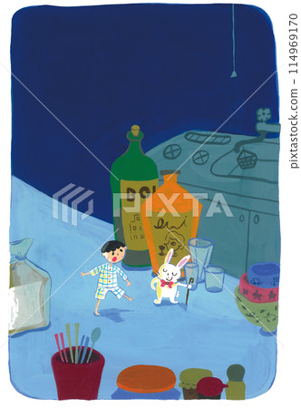 Illustration of a child and a rabbit who become dwarves and go on an adventure in the kitchen 114969170