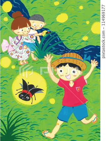 Illustration of kids watching fireflies 114969177