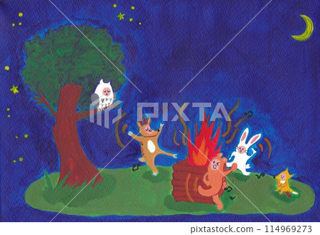 人們打扮成動物圍著營火跳舞的插圖 人們打扮成動物圍著營火跳舞的插圖 114969273