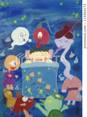 Illustration of a child who can't sleep because he is imagining ghosts 114969274