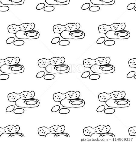 Seamless pattern with peanuts. Contour drawing vector illustration. Perfect for wallpapers, wrapping papers, restaurant menu, web page background, textile Seamless pattern with peanuts. Contour drawing vector illustration. Perfect for wallpapers, wrapping papers, restaurant menu, web page background, textile 114969337