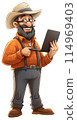 Isolated cartoon farmer with a laptop. 114969403