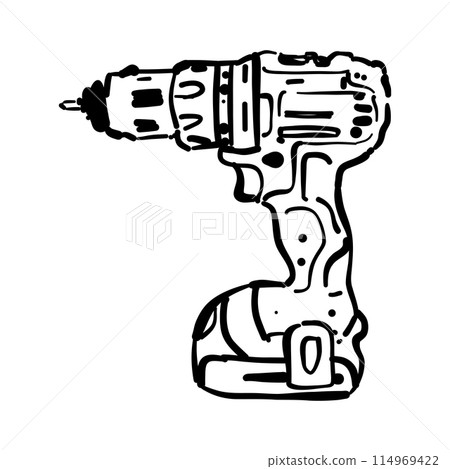 electric screwdriver sketch. Electric hand drill doodle illustration. Electric tool for work. Building and repair. Cordless screwdriver. Power tool. 114969422