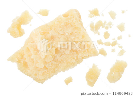 Pieces of parmesan cheese isolated on white background. Top view. Flat lay Pieces of parmesan cheese isolated on white background. Top view. Flat lay 114969483