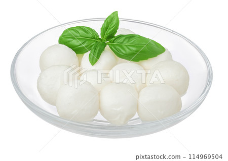 Mini mozzarella balls with basil leaf in a glass bowl isolated on white background with full depth of field. 114969504