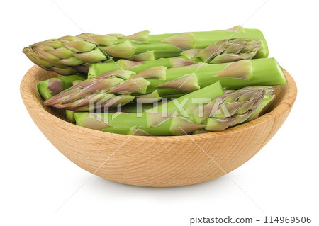 fresh asparagus in wooden bowl isolated on white background 114969506