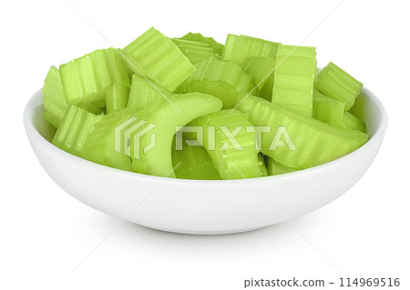 fresh celery in ceramic bowl isolated on white background with full depth of field 114969516