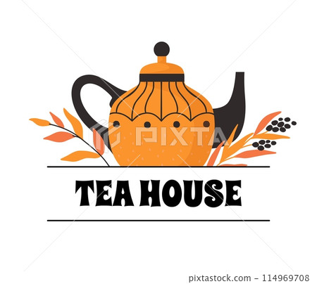 Tea house. Ceramic teapot. Hot beverage. Teatime sticker. Home drinkware. Porcelain tableware. Kettle logo. Kitchen utensil. Breakfast drink label. Herbal aroma. Vector cafe flat banner Tea house. Ceramic teapot. Hot beverage. Teatime sticker. Home drinkware. Porcelain tableware. Kettle logo. Kitchen utensil. Breakfast drink label. Herbal aroma. Vector cafe flat banner 114969708