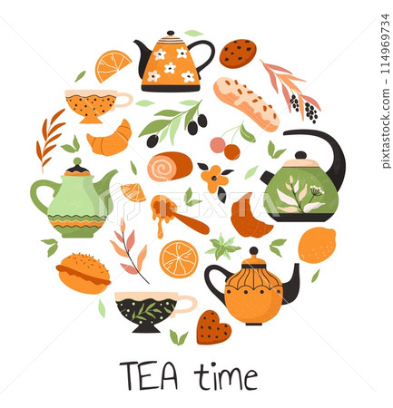 Tea time. Hot beverage and pastry. Sweet desserts. Ceramic teapot and cup with saucer. Plant leaves. Kitchen utensil. Delicious biscuits. Porcelain mugs. Circle frame. Vector teatime banner 114969734