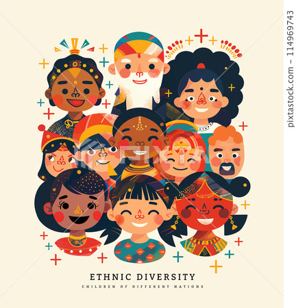 Ethnic and multiracial diversity of the world, myriad of people, diverse in skin tone, height, hair, and age, yet all radiating mutual joy and acceptance 114969743