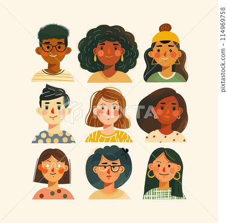 Ethnic and multiracial diversity of the world, myriad of people, diverse in skin tone, height, hair, and age, yet all radiating mutual joy and acceptance 114969758