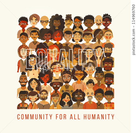 Ethnic and multiracial diversity of the world, myriad of people, diverse in skin tone, height, hair, and age, yet all radiating mutual joy and acceptance 114969760