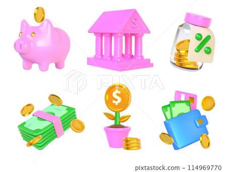 Money icons. 3D dollar coins and banknotes. Wallet bag. Jar for savings. Piggy bank. Cash loan sign. Invest finance and sack deposit. Banking building. Vector isolated render symbols set 114969770