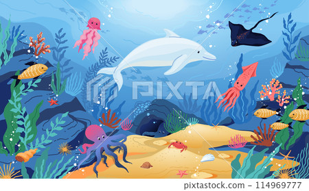 Ocean animals. Sea fish, underwater marine cute dolphin and jellyfish, nature world life with whale and coral reef. Childish background or poster. Cartoon flat isolated vector illustration 114969777