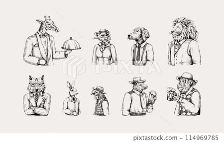 Animal tattoo. Anthropomorphic mammals. Sketch art. Pig and monkey drink beer. Bear like human. Engraved bird. Dressed cat. Lion portrait. Hand drawn characters set. Vector retro woodcut Animal tattoo. Anthropomorphic mammals. Sketch art. Pig and monkey drink beer. Bear like human. Engraved bird. Dressed cat. Lion portrait. Hand drawn characters set. Vector retro woodcut 114969785