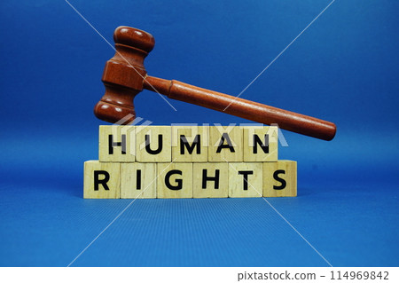 Human Rights alphabet letters with wooden blocks alphabet letters and Gavel on blue background Human Rights alphabet letters with wooden blocks alphabet letters and Gavel on blue background 114969842