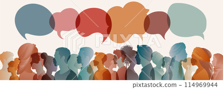 Communication across diverse cultures - Multicultural dialogue represented by colored silhouettes and speech bubbles of multiethnic individuals. Diversity equality inclusion concept Communication across diverse cultures - Multicultural dialogue represented by colored silhouettes and speech bubbles of multiethnic individuals. Diversity equality inclusion concept 114969944