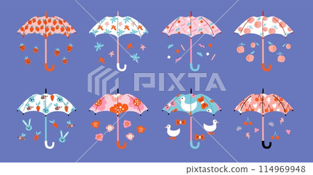 Cute umbrellas. Autumn rain collection. Open fashion colorful accessory. Falling flowers and fruits. Cartoon rainy ducks and rabbits. Patterned canopy. Vector illustration icons set Cute umbrellas. Autumn rain collection. Open fashion colorful accessory. Falling flowers and fruits. Cartoon rainy ducks and rabbits. Patterned canopy. Vector illustration icons set 114969948