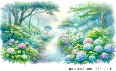 Watercolor style hydrangea and rainy season 114970010