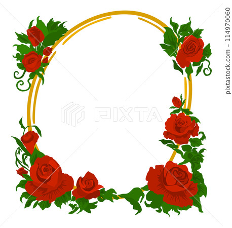 Rounded vector floral frame with red roses and leaves isolated on white background 114970060