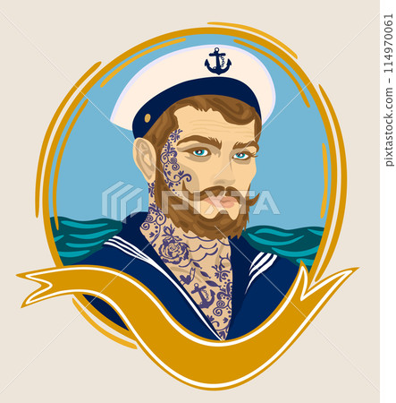 Sailor. Vector portrait of young man with tattos in naval uniform on sea background on rounded decorative frame 114970061